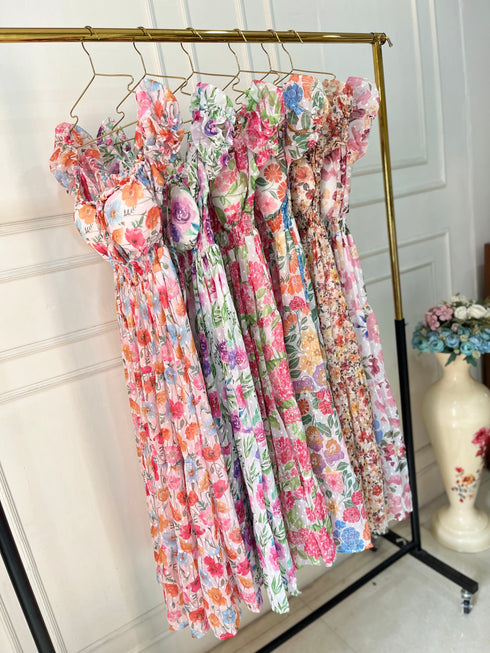 Spring Floral Square Neck Long Maxi Dress